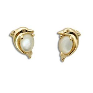 14KT Yellow Gold Dolphin with Mother of Pearl Shell Post Earrings